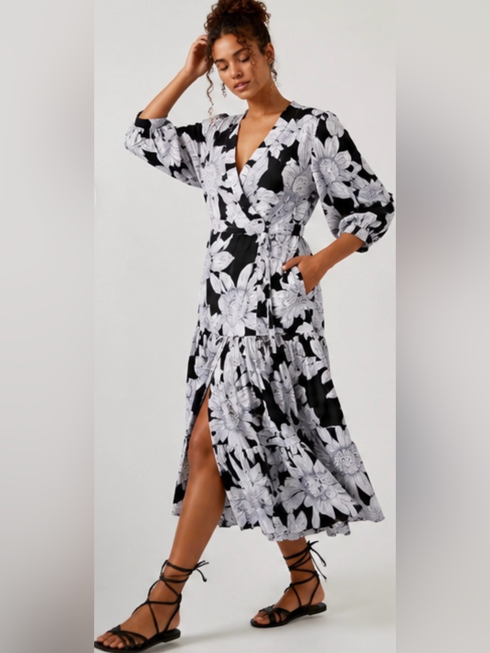 Anthropologie Maeve Black White Floral Midi Wrap Dress 12 New